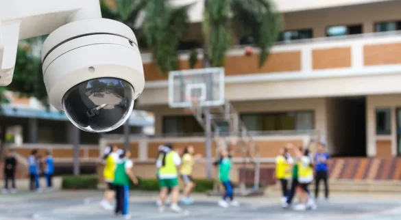 Crianças bricam na quadra enquanto são assistidas por uma câmera de segurança.